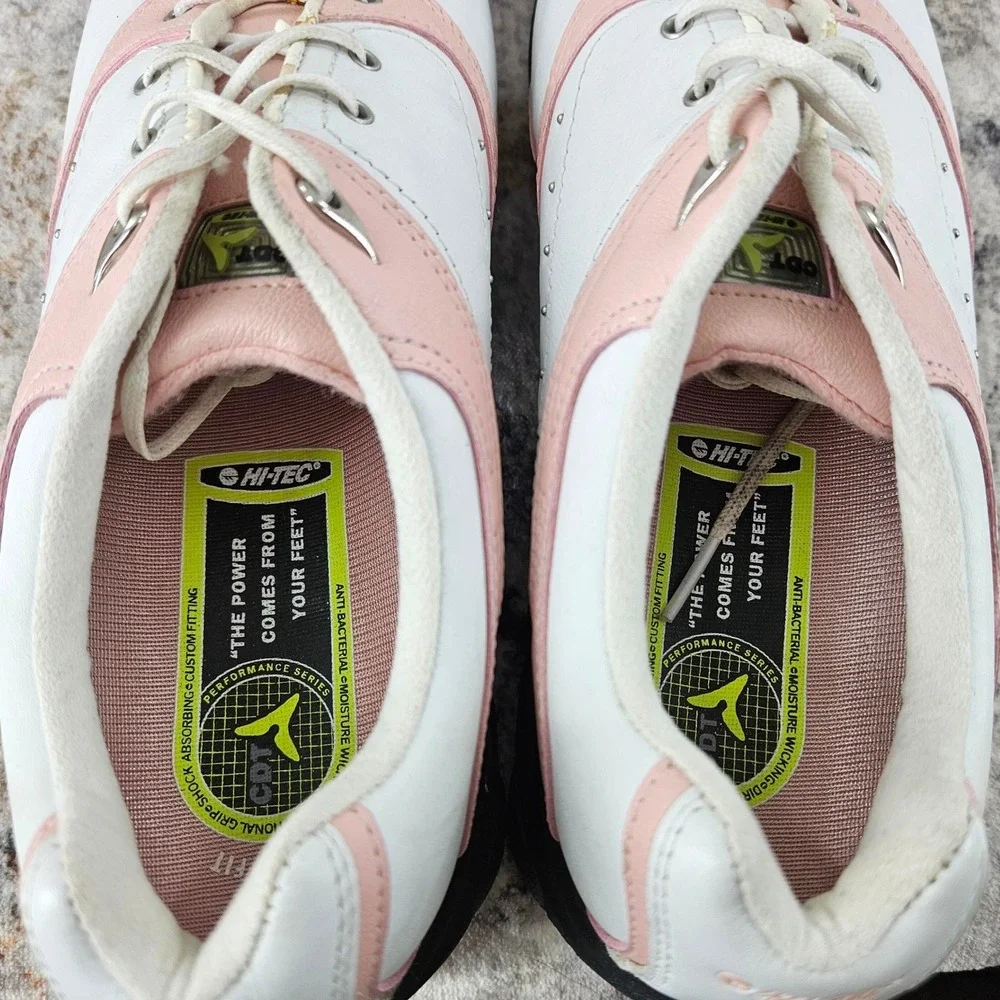 Hi Tec Golf Shoes Womens 10 White‎ Pink Leather Spikes Comfort CDT Power Saddle